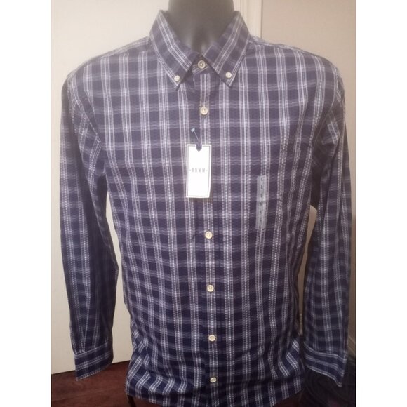 New NWT Rowm Men's Button Down Shirt Size Large L Long Sleeve Navy Blue Cotton - Picture 1 of 15